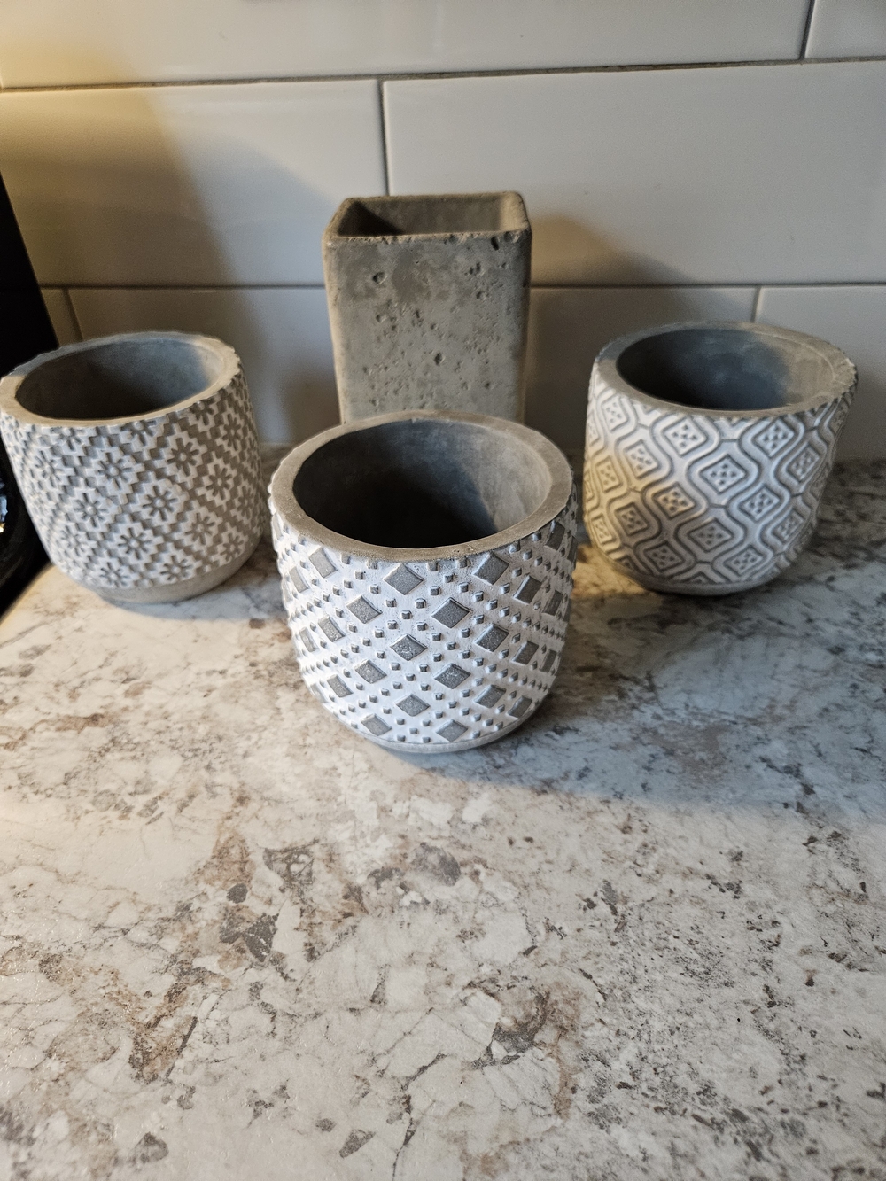 Decorative Concrete Planter Pots - Gray & White Patterned Set